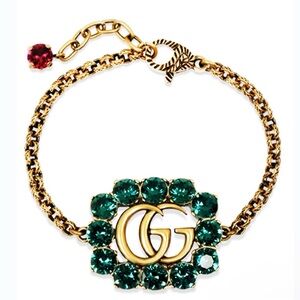 Authentic Gucci Antique Gold Plated Crystal Embellished GG Chain Bracelet